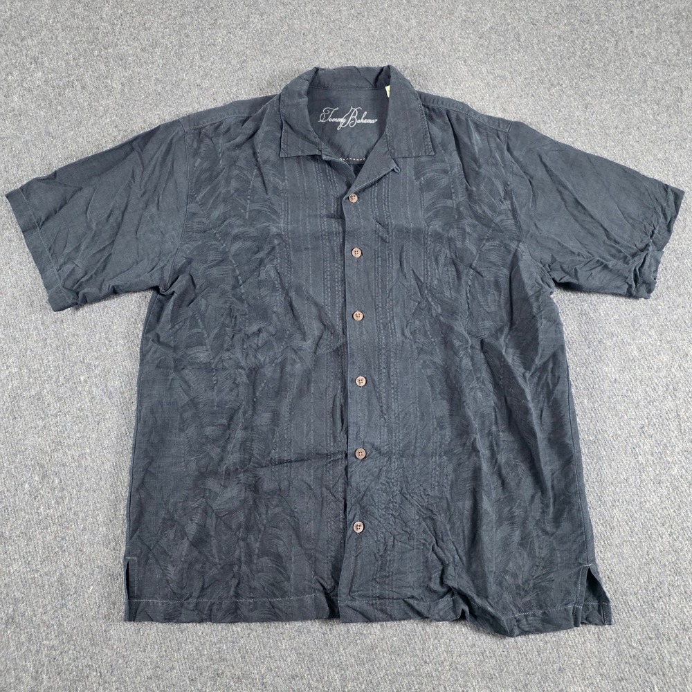 Tommy Bahama 100% Silk Shirt Mens Large‎ Black Tropical Jacquard Pintuck Camp